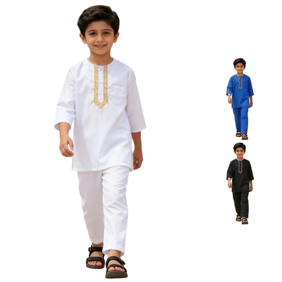 CUZIBR Boys Outfits Solid Color Crewneck Long Sleeve Robe Suit Traditional Embroidered Robe Suit Summer Lightweight Child's Teenage Clothes Sets,White,4-5 Years