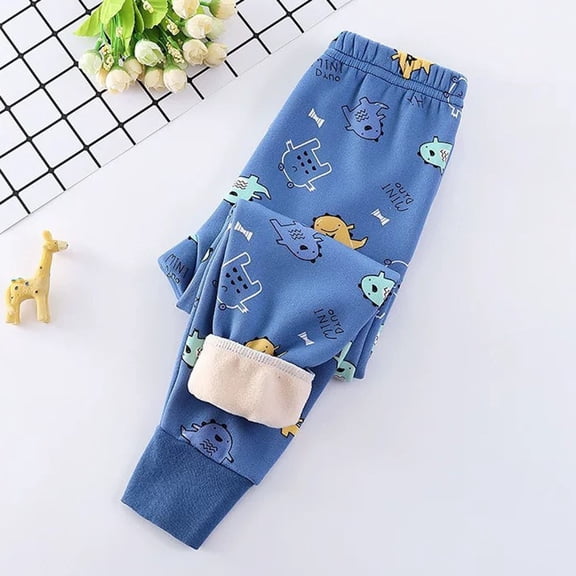 CUZIBR Boys Pants Cartoon Prints Elastic Waist Thick Fuzzy Lined Winter Warm Wide Leg Leggings Pants Plush Thermal Streetwear For Boys,Light Blue,3-4 Years