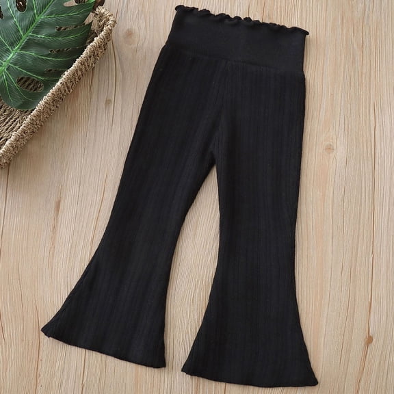 CUZIBR Boys Pants Knitted Ribbed Flare Leg Trousers High Waist Ruffles Solid Color Fashion Bow Comfortable Trousers Soft Stylish Streetwear For Boys,Black,5-6 Years