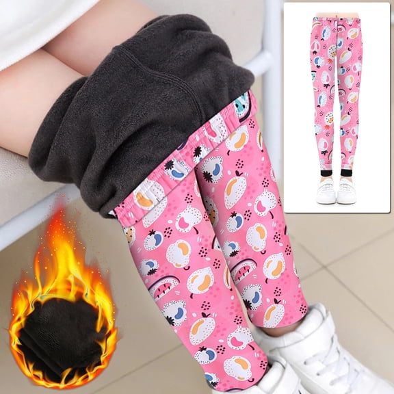 CUZIBR Boys Pants Velvet Fuzzy Thick Lined Thermal Cartoon Floral Print Striped Leggings Trousers Winter Warm Stretchy Soft High Waist Tights Pants For Girls,Pink,8-10 Years