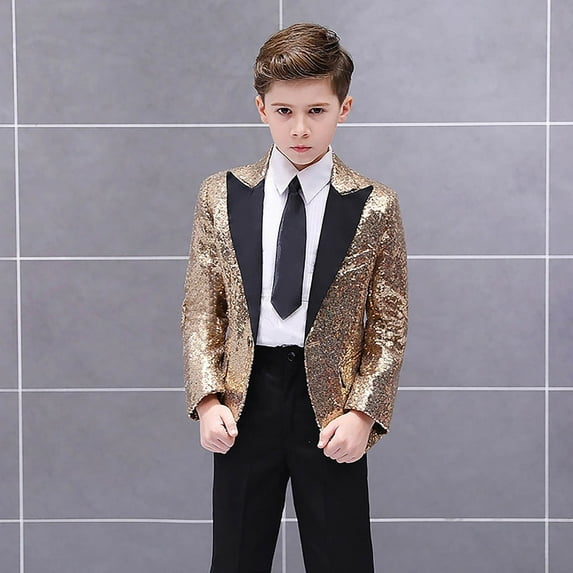 CUZIBR Boys Sequin Blazer Suit Jacket Long Sleeve Solid Color Notched Collar Elegant Sparkly Glitter Coat Shiny Floral Suit Jacket Stylish Stage Performance Wedding Party Tuxedo,Gold,4-5 Years