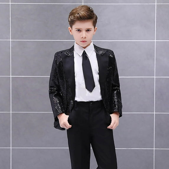 CUZIBR Boys Sequin Blazer Suit Jacket Long Sleeve Solid Color Notched Collar Elegant Sparkly Glitter Coat Shiny Floral Suit Jacket Stylish Stage Performance Wedding Party Tuxedo,Black,4-5 Years