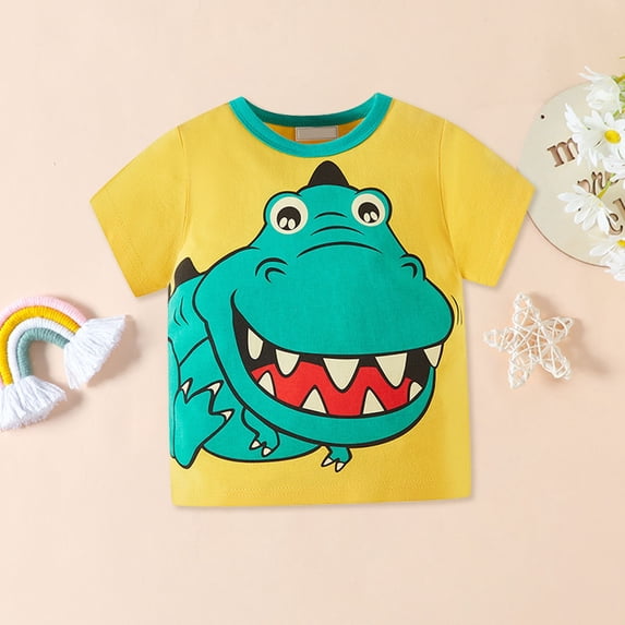 CUZIBR Boys Shirts Boys Fashion Cartoon Dinosaur Print Round Neck Short Sleeve T-Shirts Soft Breathable Tee Soft Fall Clothes,Yellow,5-6 Years