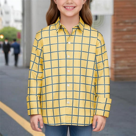 CUZIBR Boys Shirts Plaid Long Sleeved Button Down Shirts Turndown Collar Classic Loose Plus Size Blouse Soft Fall Clothes,Light Yellow,13-14 Years