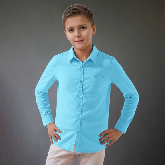 CUZIBR Boys Shirts Solid Long Sleeve Button Down Blouse Turn-Down Collar T-Shirt Toddler Kids Gentleman Lapel Tops,Sky Blue,7-8 Years