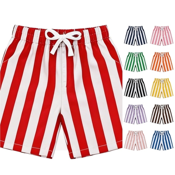 CUZIBR Boys Shorts Classic Striped Swim Trunks Elastic Drawstring Waist With Pockets Quick Dry Board Shorts Casual Bathing Bottoms For Summer Beach Pool Vacation Outdoor Play,Red,7-8 Years
