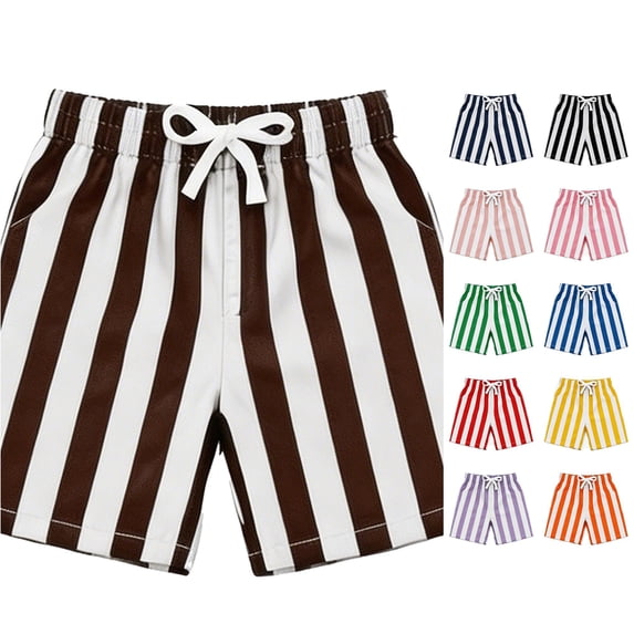 CUZIBR Boys Shorts Classic Striped Swim Trunks Elastic Drawstring Waist With Pockets Quick Dry Board Shorts Casual Bathing Bottoms For Summer Beach Pool Vacation Outdoor Play,Brown,5-6 Years