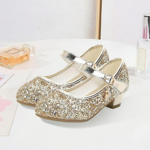 CUZIBR Boys Sneakers Stylish Sparkly Mary Jean Princess Dress Shoes High Heel Dance Sandals Fashionable Soft Warm Sneakers,Gold,4.5-5 Years