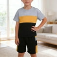 thumbnail image 1 of CUZIBR Boys Summer Casual Outfit Color Block Short Sleeve Crew Neck T Shirt Shorts Loose Relaxed Breathable Two Piece Clothes Set Spring Travel Clothes Tracksuit,Black,9-10 Years, 1 of 4