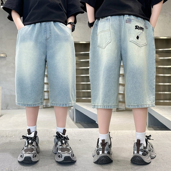 CUZIBR Boys Summer Denim Shorts Unique Patchwork Vintage Ripped Distressed Jeans Pants Wide Leg Elastic Waist Washed Fashionable Baggy Half Cargo Jeans Trousers Elegant Clothes,Blue,5-6 Years