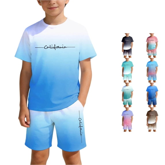 CUZIBR Boys Summer Outfit Sets Two Piece Fashionable Graphic Letter Print Crew Neck Short Sleeve Tshirts Tops And Shorts Casual Comfort Stylish Clothes Sets,Light Blue,8-9 Years