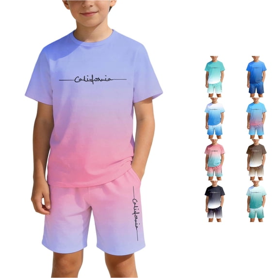 CUZIBR Boys Summer Outfit Sets Two Piece Fashionable Graphic Letter Print Crew Neck Short Sleeve Tshirts Tops And Shorts Casual Comfort Stylish Clothes Sets,Light Purple,11-12 Years