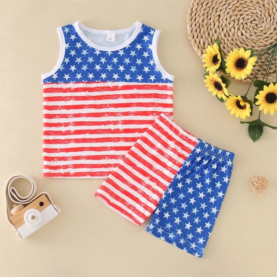 CUZIBR Boys Summer Outfits Independence Day Stripes Five-Pointed Stars U.S.A. Letter Print Short Sleeved Round Neck Shirt Elastic Waist Shorts 2 Piece Sweatsuit Trendy Clothes,Blue,3-4 Years