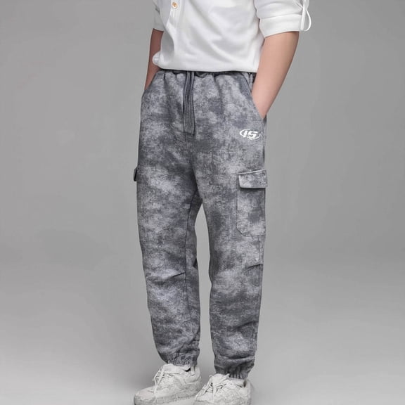 CUZIBR Boys Sweatpants Tie Dye Straight Leg Cargo Pants Teens Fashionable Cozy High Waist Soft Athletic Hiking Running Dailywear Casual Trousers,Grey,8-9 Years
