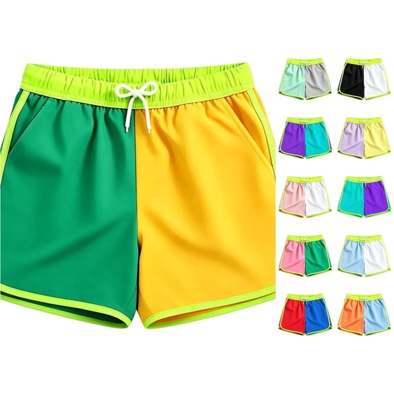 CUZIBR Boys Swim Trunks Color Block Athletic Wide Leg Beach Shorts Elastic Drawstring Waist Quick Dry Lightweight Running Workout Gym Beach Casual Summer Sport Bottoms,Dark Green,5-6 Years