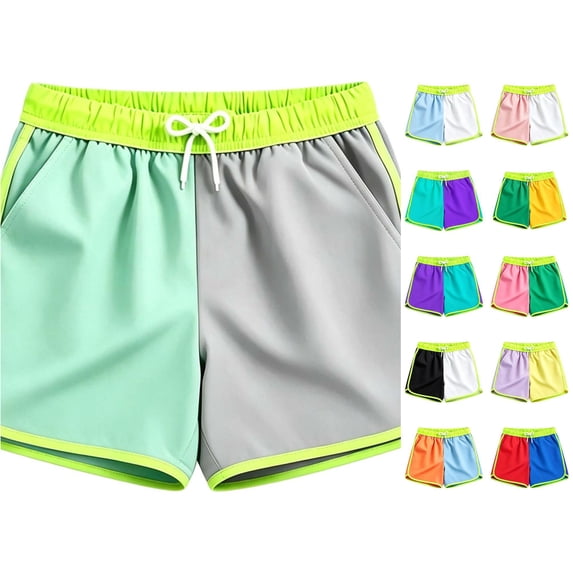 CUZIBR Boys Swim Trunks Color Block Athletic Wide Leg Beach Shorts Elastic Drawstring Waist Quick Dry Lightweight Running Workout Gym Beach Casual Summer Sport Bottoms,Green,5-6 Years