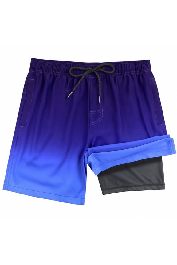 Boys Swim Trunks High Waist Drawstring Gradient Color Wide Leg Upf 50 Sun Protection Liner Two Layer Comfortable Soft Beach Pool Shorts Swimwear Summer Fashionable Bottoms,Blue,9-10 Years