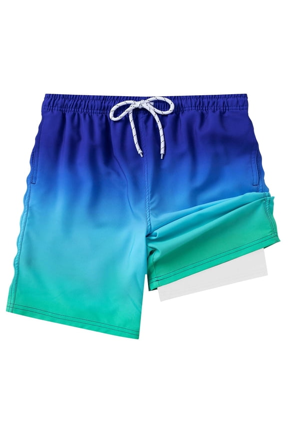 Boys Swim Trunks Lightweight Gradient Color Boxer Brief Liner Upf 50 Sun Drawstring Elastic Waistband Stretch Athletic Swimwear Beach Pool Outdoor Bathing Suit Shorts,Sky Blue,10-12 Years