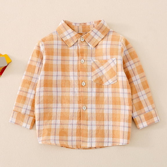 CUZIBR Boys T Shirts Boys Classic Plaid T-Shirts Button Down Long Sleeve School Uniform Tee Soft Leisure Casual Comfy Dailywear,Orange,5-6 Years