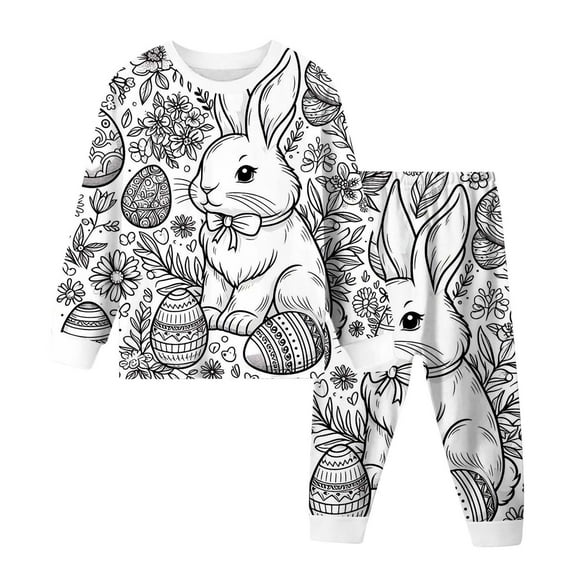 CUZIBR Boys Toddler Easter Outfits 2 Piece Sets Home Wear Fashion Casual Crewneck Cartoon Bunny Egg Print Long Sleeve Blouse And Trousers Set Cozy Soft Sleep Relaxed Dailywear,White,5-6 Years