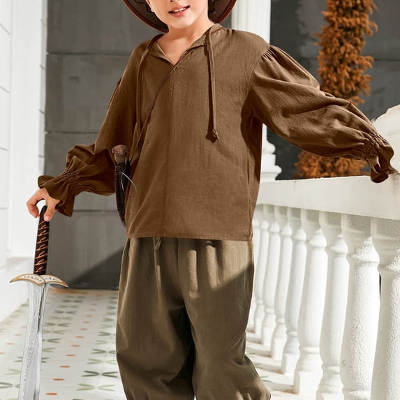 CUZIBR Boys Toddler Kids Dress Shirt Solid Color Ruffles Long Sleeve V-Neck Vintage Loose Fit Summer Breathable Casual Lightweight Holiday Vacation Fashionable Top Blouse,Brown,3-4 Years