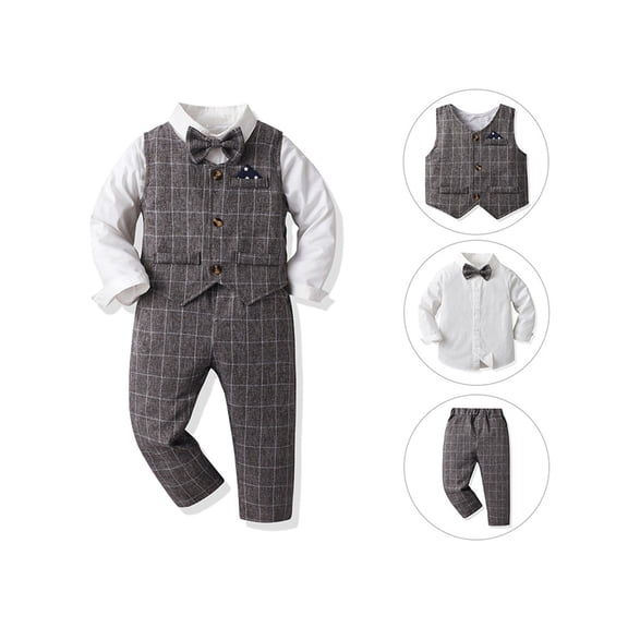 CUZIBR Boys Toddler Kids Formal Suit Set Solid Color Long Sleeve Button Down Dress Shirts Elegant Plaid V-Neck Vest Pants+Bowtie Stylish Party Wedding 4 Piece Outfits Clothes,Bronze,2-3 Years