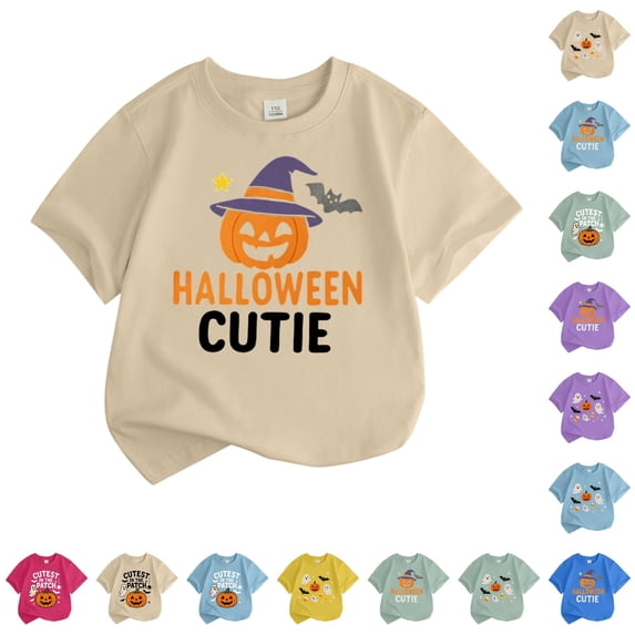 CUZIBR Boys Toddler Kids Summer Tops Halloween Pumpkin Graphic Tee Short Sleeve Funny Print Loose Fit Crewneck Tshirts For Kids Fashion Casual Base Layer Lightweight Clothes,C-Beige,6-7 Years