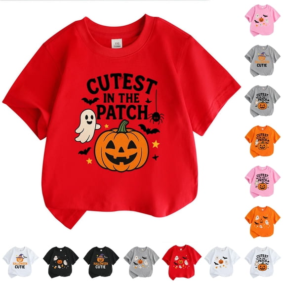 CUZIBR Boys Tops Baby Toddler Short Sleeve Summer Casual Basic Tee Halloween Pumpkin Graphic Print Short Sleeve Crewneck T Shirt Comfortable Lightweight Party Clothes,3-Watermelon Red,12-13 Years