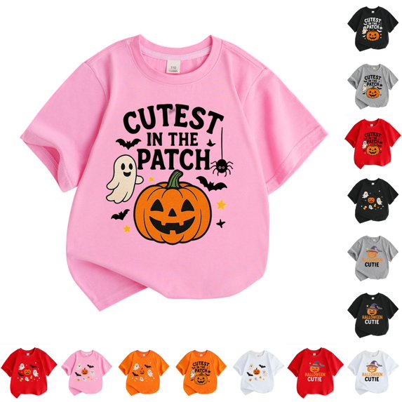 CUZIBR Boys Tops Baby Toddler Short Sleeve Summer Casual Basic Tee Halloween Pumpkin Graphic Print Short Sleeve Crewneck T Shirt Comfortable Lightweight Party Clothes,3-Pink,5-6 Years
