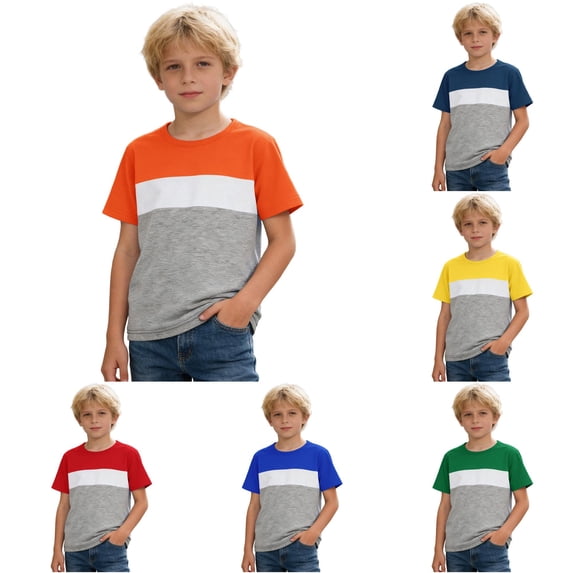 CUZIBR Boys Tops Color Block Color For Kids Youth Casual Crewneck Long Sleeve Shirt Comfortable Lightweight Breathable Blend Daily Wear Play Tee,Orange,8-9 Years