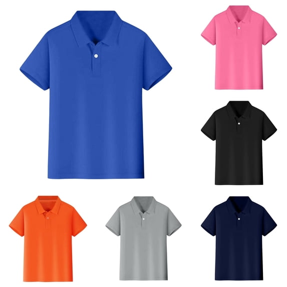 CUZIBR Boys Tops Crewneck Solid Color Short Sleeve Shirt Button Closure Comfortable Soft Tee Lightweight Comfortable Dailywear,Blue,7-8 Years