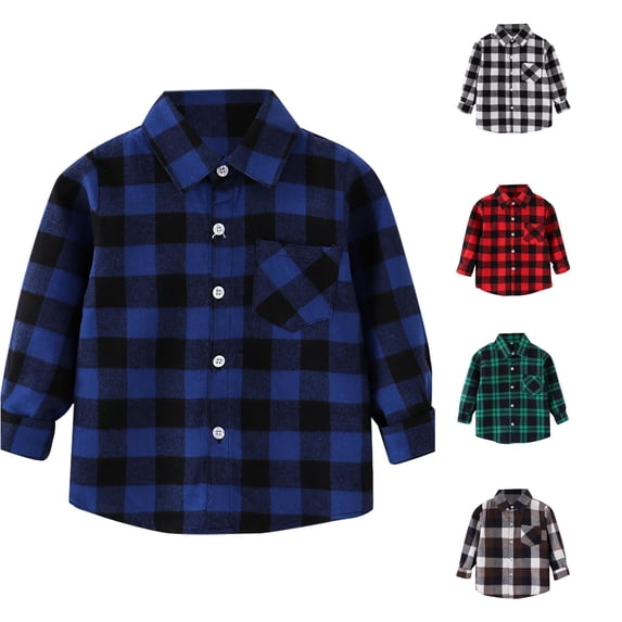 CUZIBR Boys Tops Kids Toddler Flannel Jacket Plaid Long Sleeve Lapel Button Down Shacket Baby Lightweight Formal Shirt Coat Outwear Tee Dailywear,Blue,2-3 Years