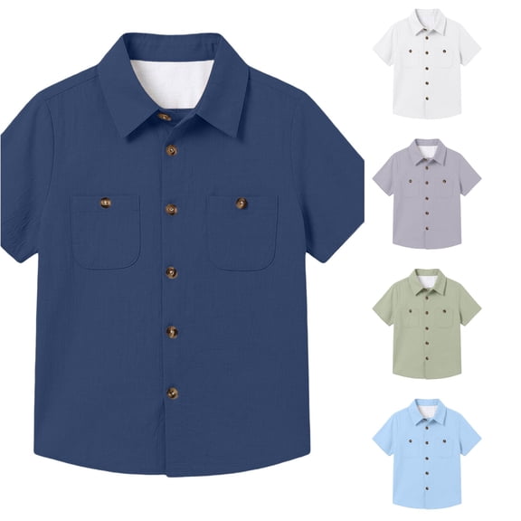 CUZIBR Boys Tops Lapel Collar Solid Color Short Sleeve Casual Shirts For Kids Comfortable Daily Wear Classic Design Tee Dailywear,Navy,13-14 Years