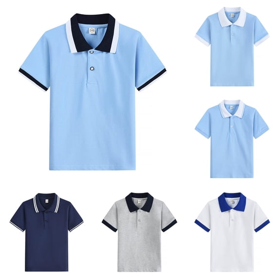 CUZIBR Boys Tops Lapel Collar Striped Color Block Short Sleeve T Shirt Solid Casual For Kids Youth School Comfortable Tee Dailywear,Dark Blue,7-8 Years