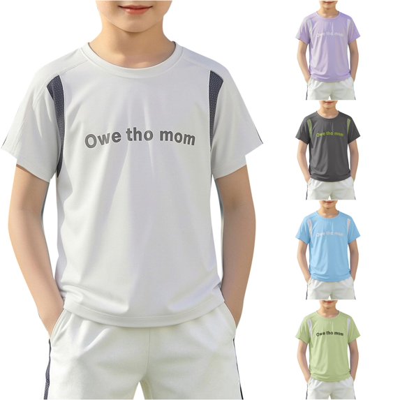 CUZIBR Boys Tops Short Sleeve Crewneck Letter Print Performance Athletic Shirts Lightweight Mesh Sport Training For Kids Summer Sports Tee,White,4-5 Years
