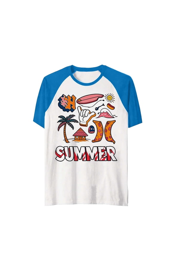 Boys Tshirts Short Sleeve Crewneck Loose Fit Summer Holiday Tops For Kids Youth Raglan Sleeve Cartoon Graphic Funny Shir Lightweight Comfy Vacation Beach Casual Basic Tees,Blue,3-4 Years