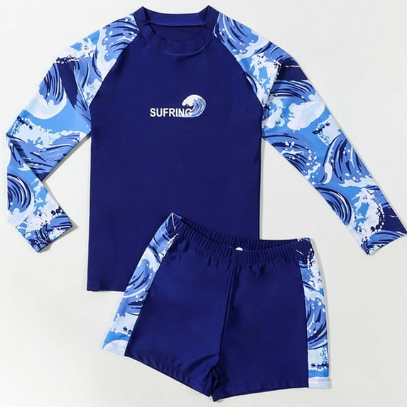 CUZIBR Boys Two Piece Swimsuits Rash Guard Cute Cartoon Print Striped Long Sleeve Shirts Tops And Elastic Waist Shorts Trunks Swimwear Outfits Beach Pool Sun Protection Bathing Suit,Blue,140