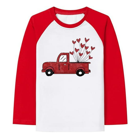 CUZIBR Boys Valentines Graphic Shirts Raglan Sleeve Crewneck Long Sleeve Tee Shirt Car Fashionable Print Casual Comfortable Dailywear Basic Tees Tagless,Watermelon Red,4-5 Years