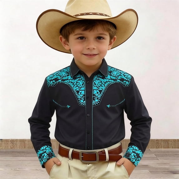 CUZIBR Boys Western Cowboy Shirts Floral Print Embroidery Button Down Short Sleeve Casual Regular Fit Elegant Fashionable Cozy Carnival Tshirt Clothes Casual Cute Basic Tees,Light Blue,8-9 Years