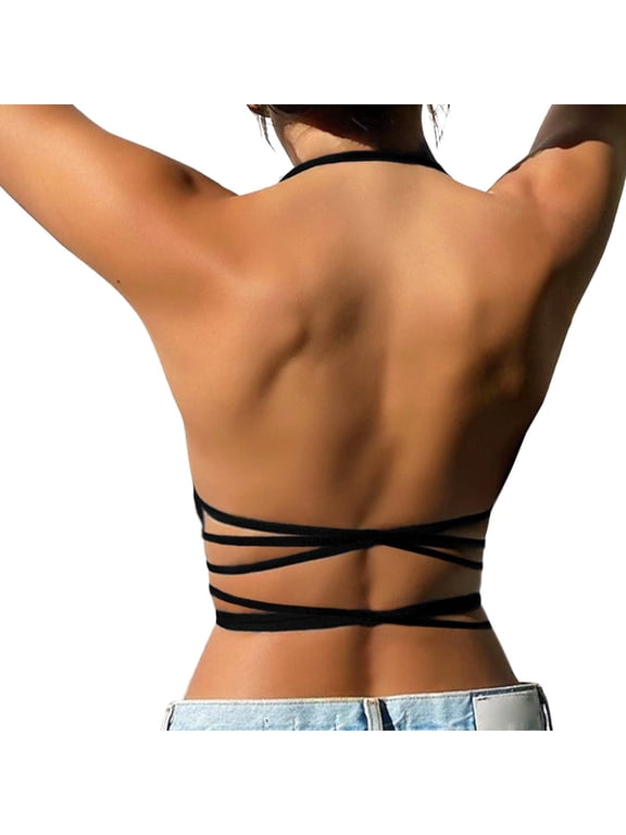 Bras For Women Backless Halter Neck Solid Color Wireless Seamless Crop Top Support Cross Strappy Athletic Yoga Workout Tank Tshirt Everyday Bras,Black,One Size