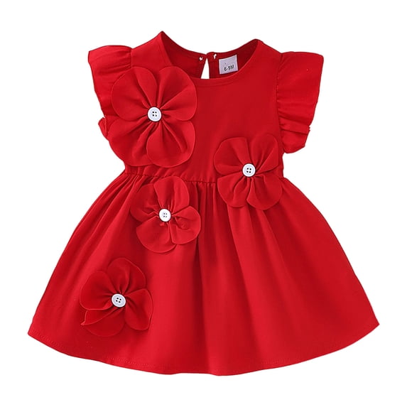 CUZIBR Casual Summer Sleeveless Dress For Toddlers Girls Solid Color Round Neck Ruffles Sleeveless Pleated High Waist 3D Flower Baby Dress Lightweight Princes Casual Playwear,Red,6-9 Months