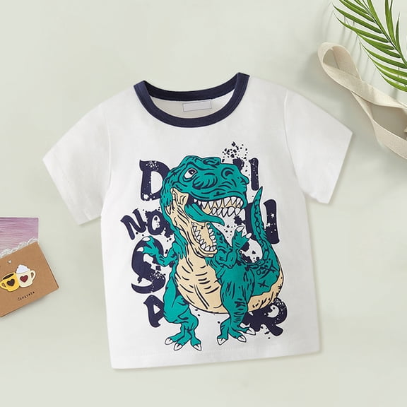 CUZIBR Casual Tops Boys Fashion Cartoon Dinosaur Print Round Neck Short Sleeve T-Shirts Soft Breathable Tee Soft Fall Clothes,White,12-18 Months