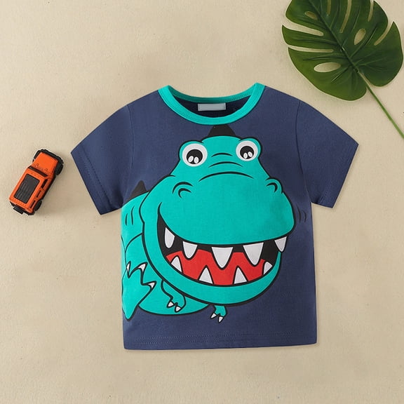 CUZIBR Casual Tops Boys Fashion Cartoon Dinosaur Print Round Neck Short Sleeve T-Shirts Soft Breathable Tee Spring Fall Clothing,Dark Blue,5-6 Years