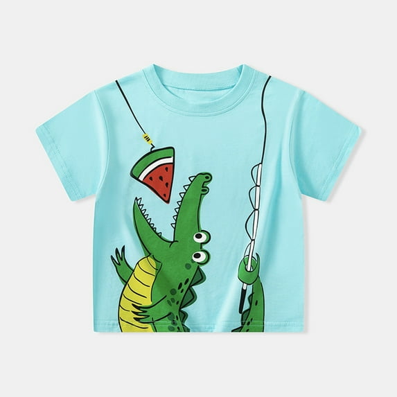 CUZIBR Casual Tops Boys Fashion Cartoon Dinosaur Print Round Neck Short Sleeve T-Shirts Soft Breathable Tee Spring Fall Clothing,Sky Blue,6-7 Years