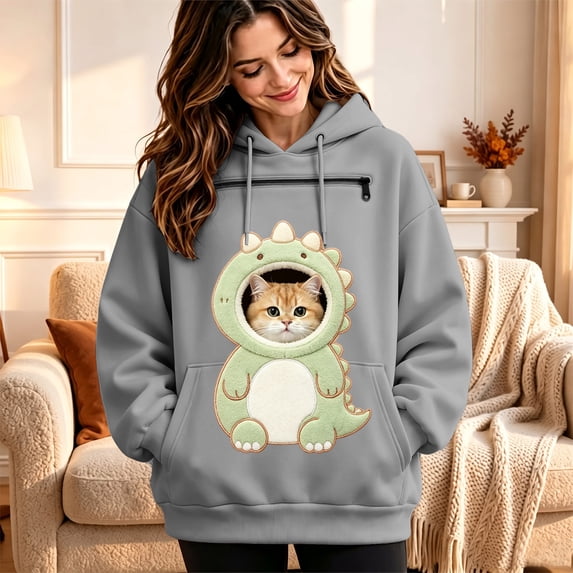 CUZIBR Cat Pouch Hoodie For Women Oversized Hoodies Cartoon Animal Hooded Long Sleeve Lovely Outdoor Tops,Grey,XXL