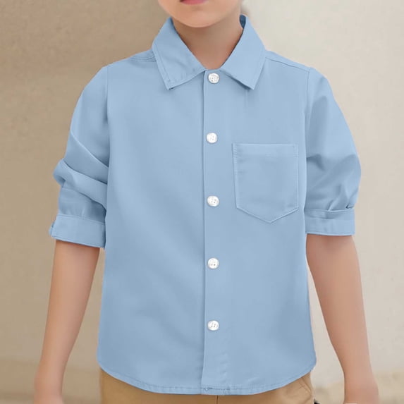 CUZIBR Child Boys Girls School Uniform Shirt Long Sleeve Button Down Solid Color Gentleman Lapel Turndown Collar Front Pocket Casual Stylish Tops Cute Trendy Tops,Blue,3-4 Years