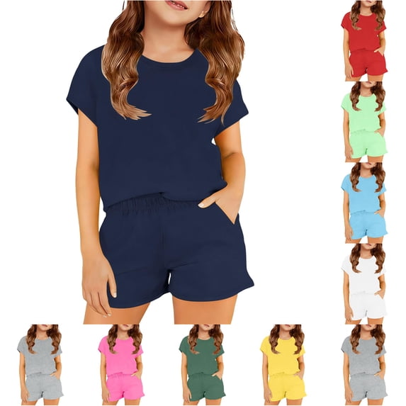 CUZIBR Child Girls Casual Outfit Sets Soft Solid Color O-Neck Short Sleeve T-Shirts Shorts Comfy Two Piece Play For Toddler Kids Clothing Sets,Navy,9-10 Years