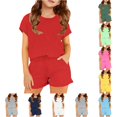 thumbnail image 1 of CUZIBR Child Girls Casual Outfit Sets Soft Solid Color O-Neck Short Sleeve T-Shirts Shorts Comfy Two Piece Play For Toddler Kids Clothing Sets,Red,6-7 Years, 1 of 5