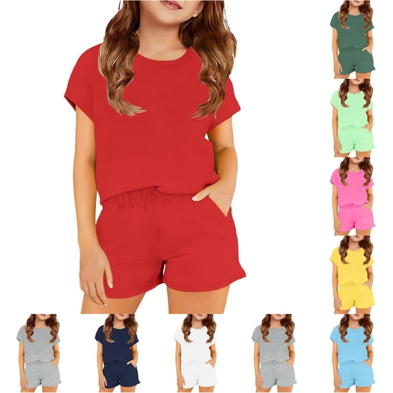 CUZIBR Child Girls Casual Outfit Sets Soft Solid Color O-Neck Short Sleeve T-Shirts Shorts Comfy Two Piece Play For Toddler Kids Clothing Sets,Red,6-7 Years