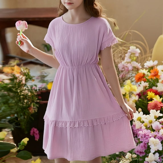 CUZIBR Child Kids Casual Dress Solid Color Short Sleeve Round Neck Tiered Ruffled High Waist A-Line Long-Length Summer Breathable Loose Fit Dresses Ruched Sundress,Purple,4-5 Years